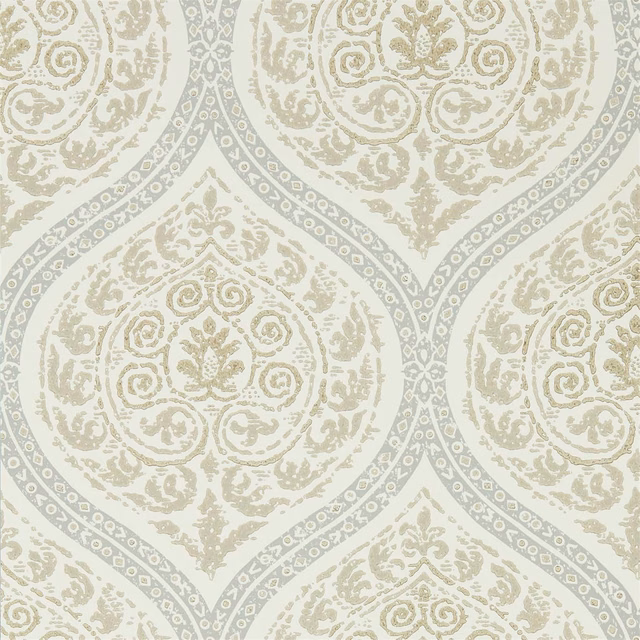 Ivory wallpaper with distressed stone taupe paisley medallions and curved trellis bands