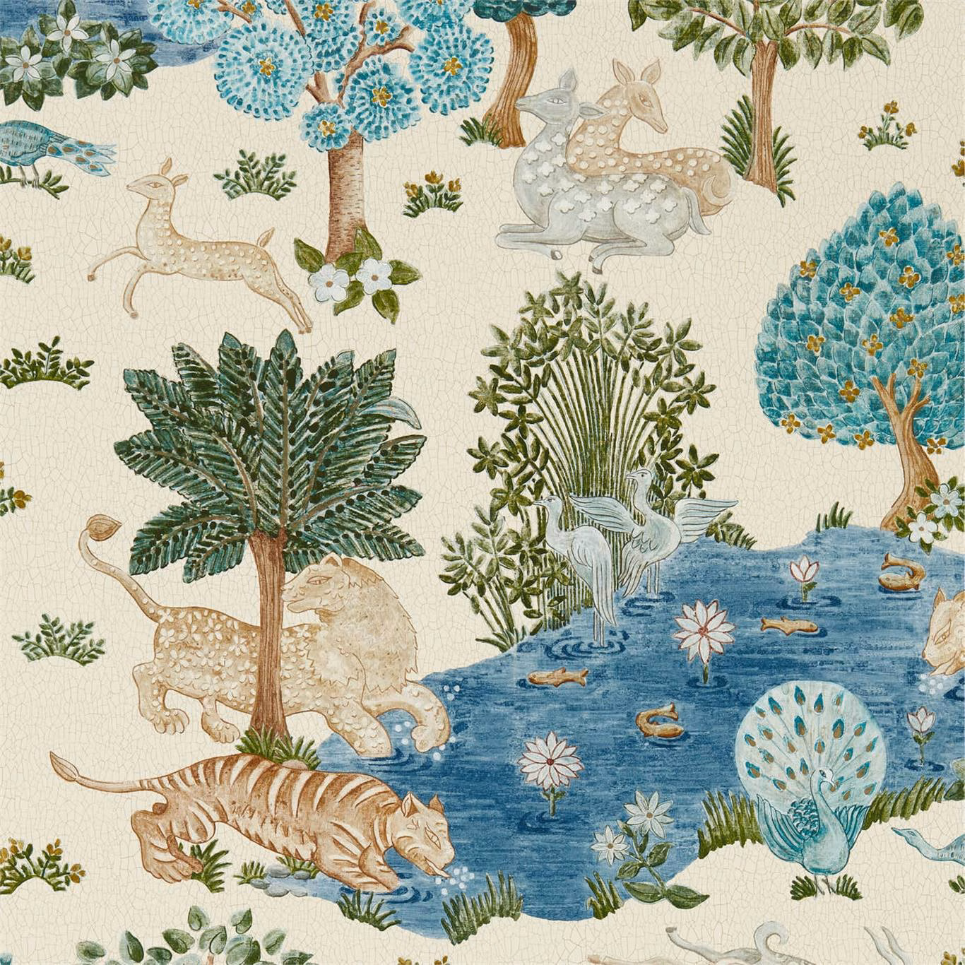 Cream wallpaper with nettle-green trees, deer, rabbits and a blue pond
