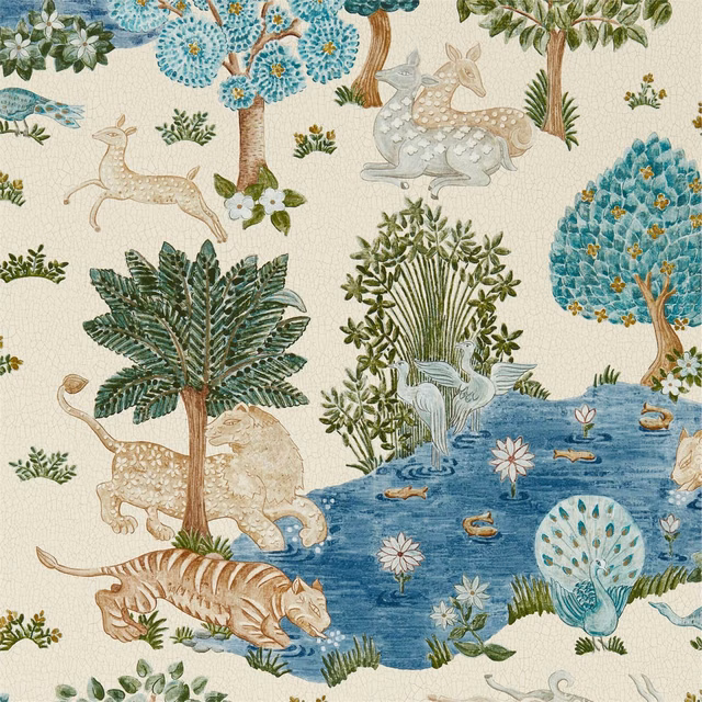 Cream wallpaper with nettle-green trees, deer, rabbits and a blue pond