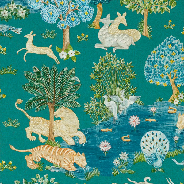 Teal garden wallpaper with blue flowering trees, ivory animals, palms and lotus water