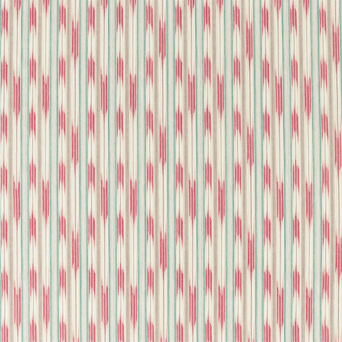 Pink and nettle green ikat-style vertical stripe fabric on a pale ground
