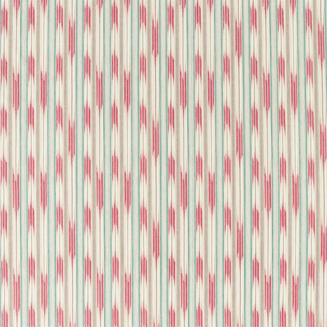 Pink and nettle green ikat-style vertical stripe fabric on a pale ground