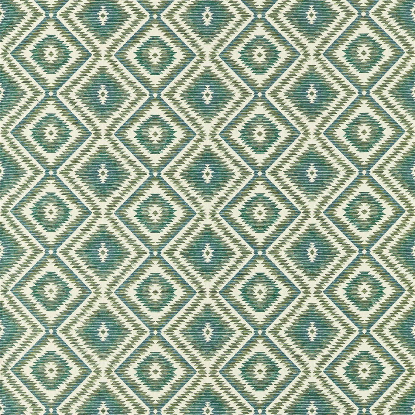Teal and ivory diamond weave fabric with textured geometric repeat