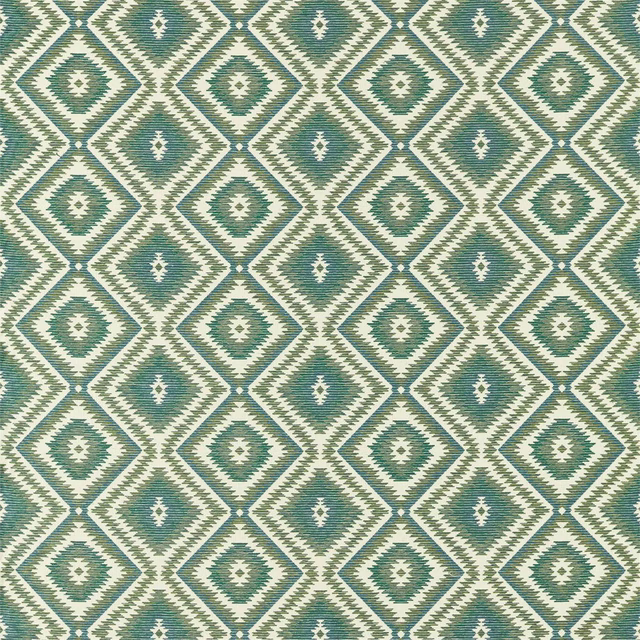 Teal and ivory diamond weave fabric with textured geometric repeat
