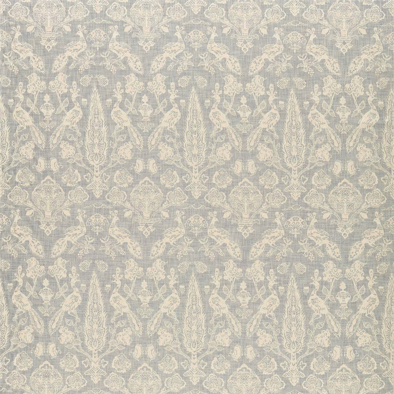 Slate grey woven fabric with blush damask birds and foliage pattern
