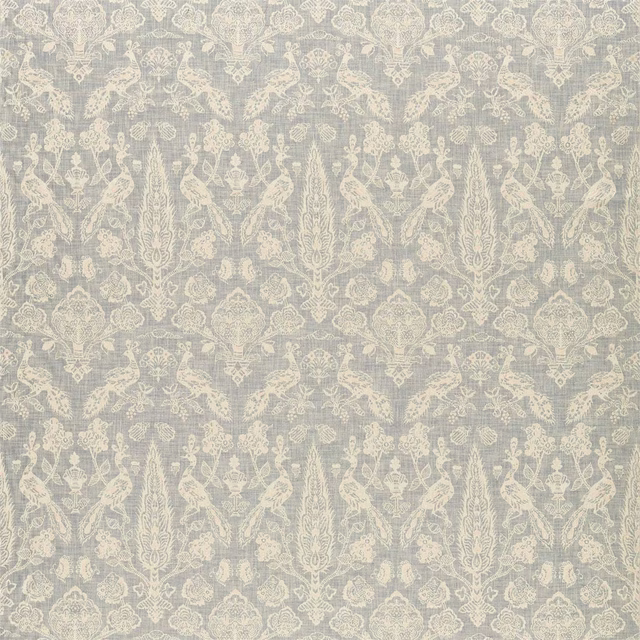 Slate grey woven fabric with blush damask birds and foliage pattern