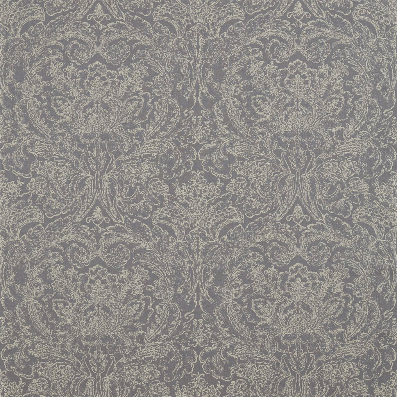 Large-scale grey damask fabric with pale ornate motif on a slate ground