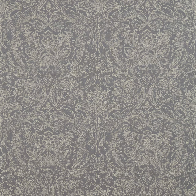 Large-scale grey damask fabric with pale ornate motif on a slate ground