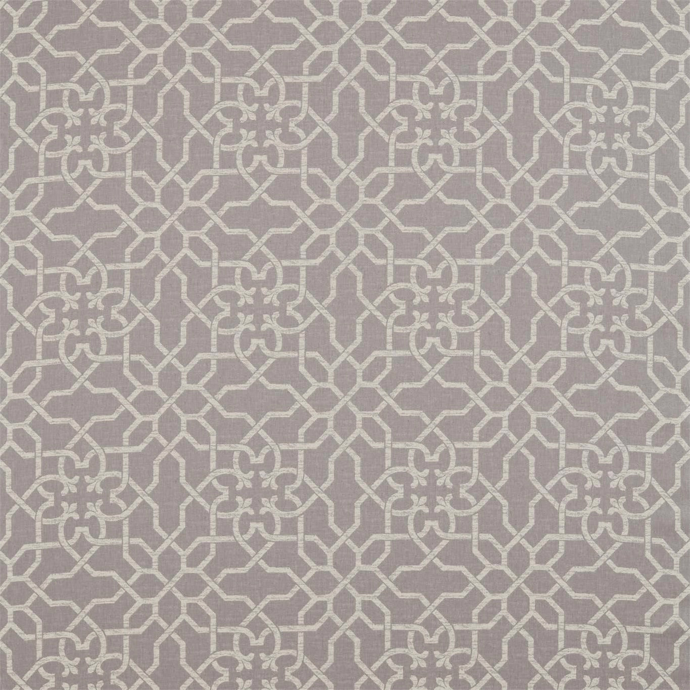 Taupe geometric upholstery fabric with ivory lattice and scrolling motif