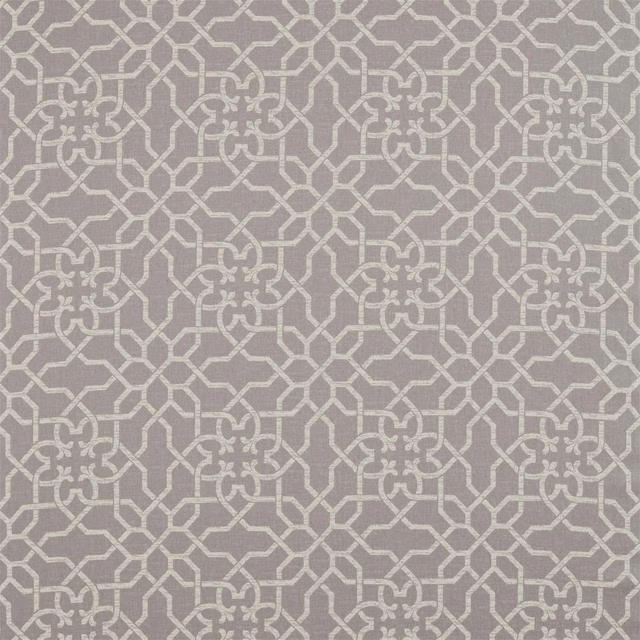Taupe geometric upholstery fabric with ivory lattice and scrolling motif