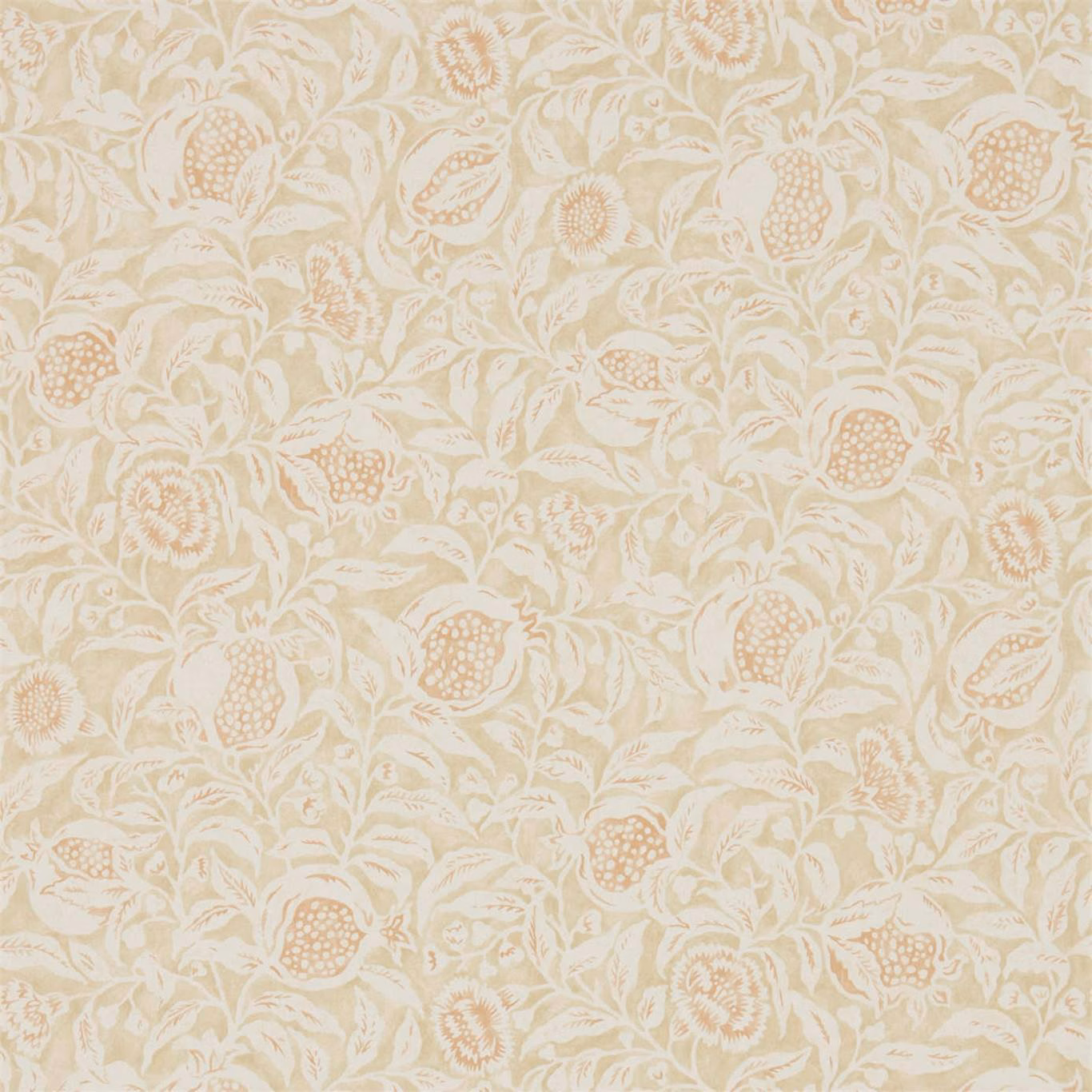 Warm ivory wallpaper with sepia pomegranates, leafy stems and soft amber floral details