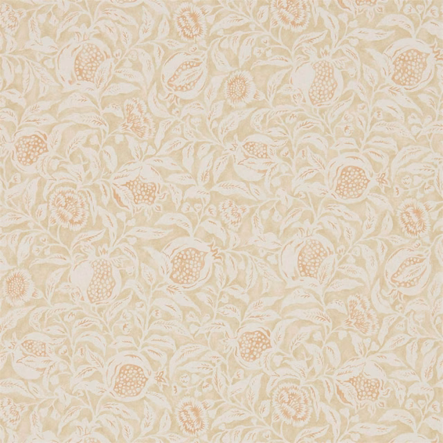 Warm ivory wallpaper with sepia pomegranates, leafy stems and soft amber floral details