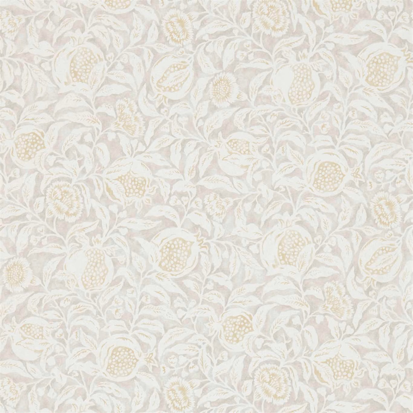 Dove taupe wallpaper with pale fruits, flowers and curling foliage on warm ivory