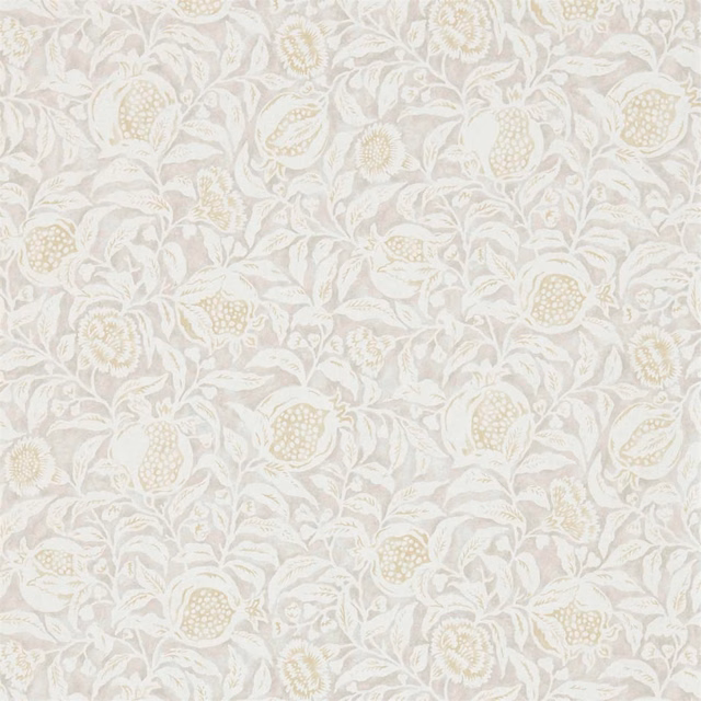 Dove taupe wallpaper with pale fruits, flowers and curling foliage on warm ivory
