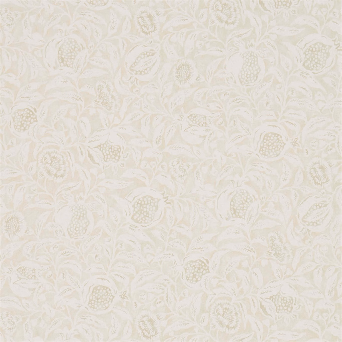 Ivory wallpaper with stone leaves, blossoms and dotted botanical fruit motifs