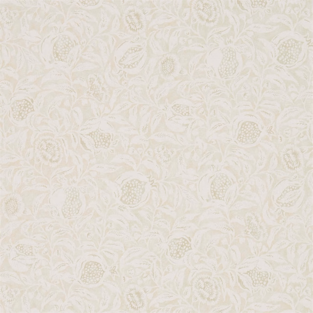 Ivory wallpaper with stone leaves, blossoms and dotted botanical fruit motifs