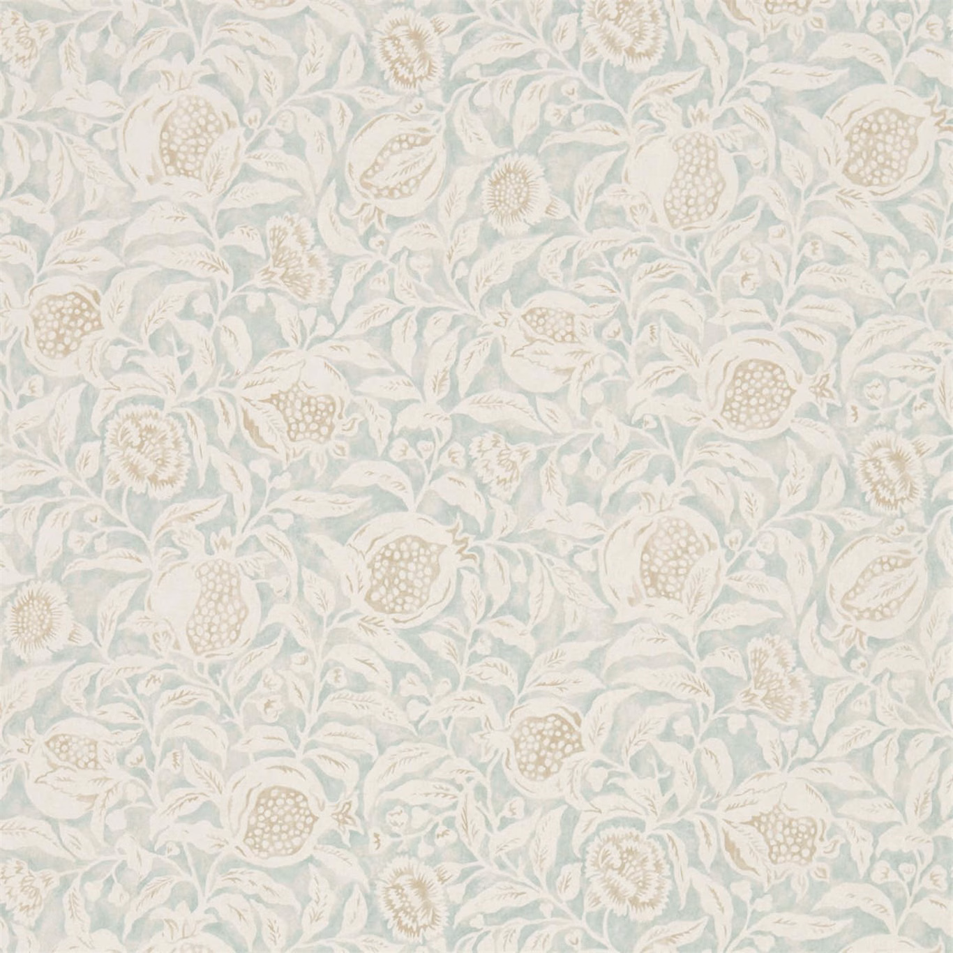 Pale Wedgwood blue-green wallpaper with cream pomegranates, leaves and small flowers