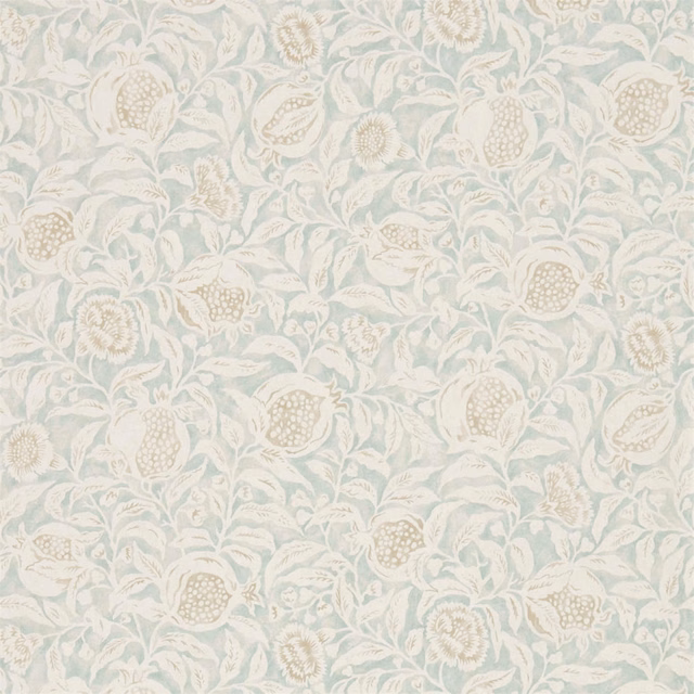 Pale Wedgwood blue-green wallpaper with cream pomegranates, leaves and small flowers
