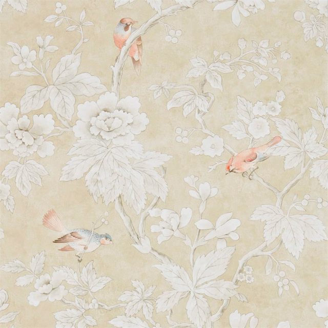 Pale gold wallpaper with ivory flowers, leafy branches and three coral birds