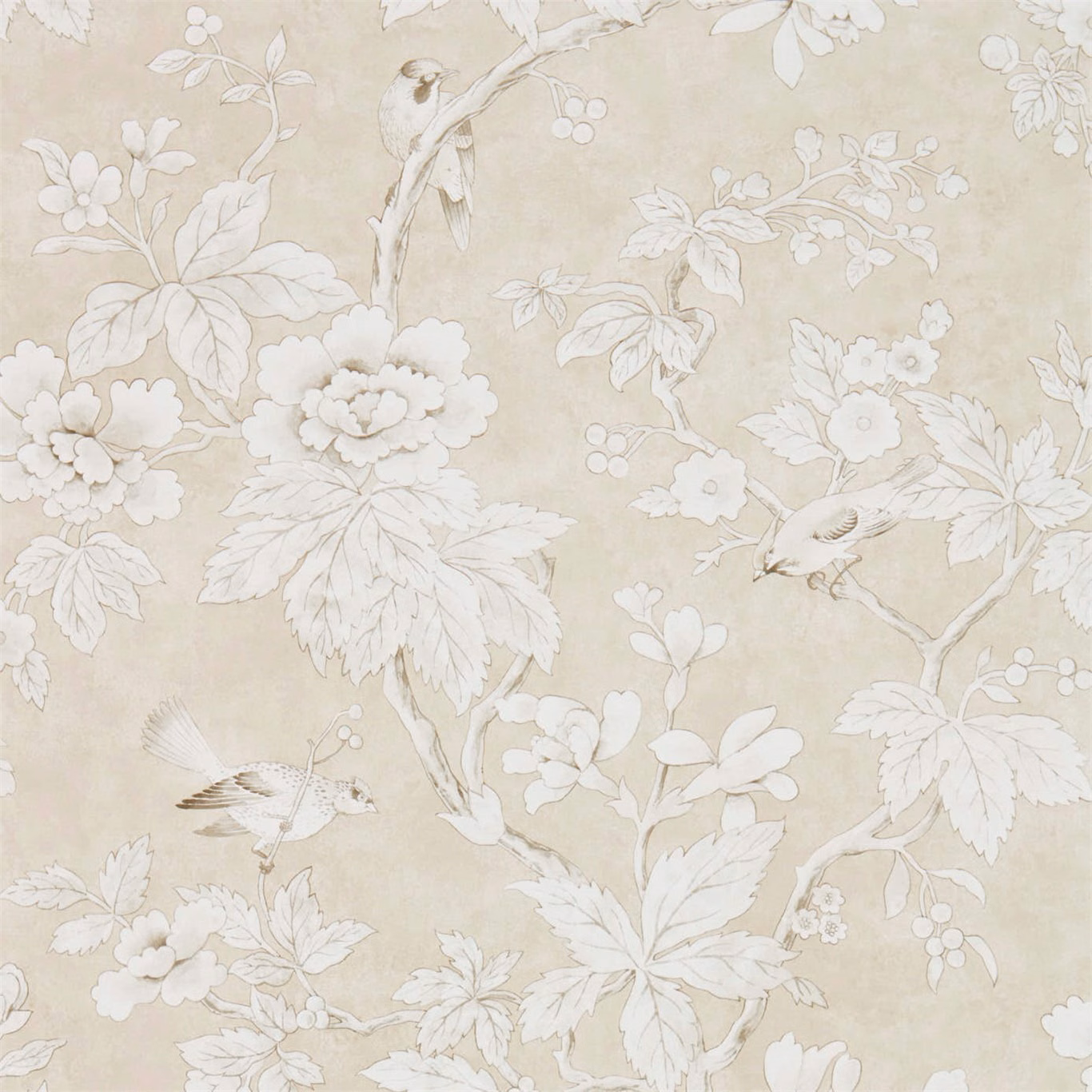 Ivory birds and flowering branches across a softly mottled oat-beige wallpaper ground