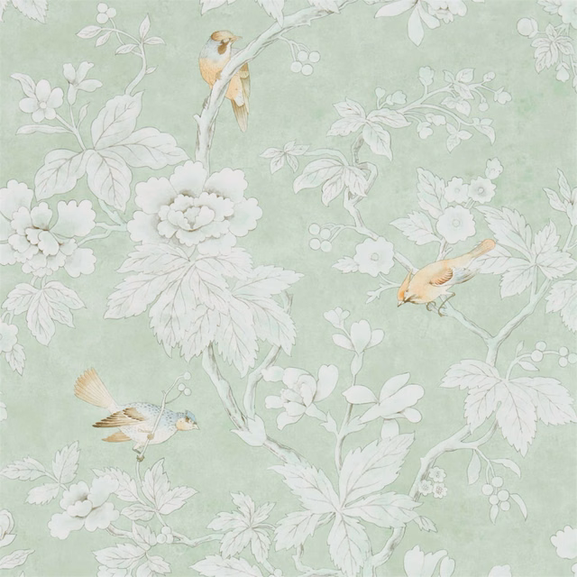 Pale sage wallpaper with ivory flowers, leafy branches and three softly coloured birds