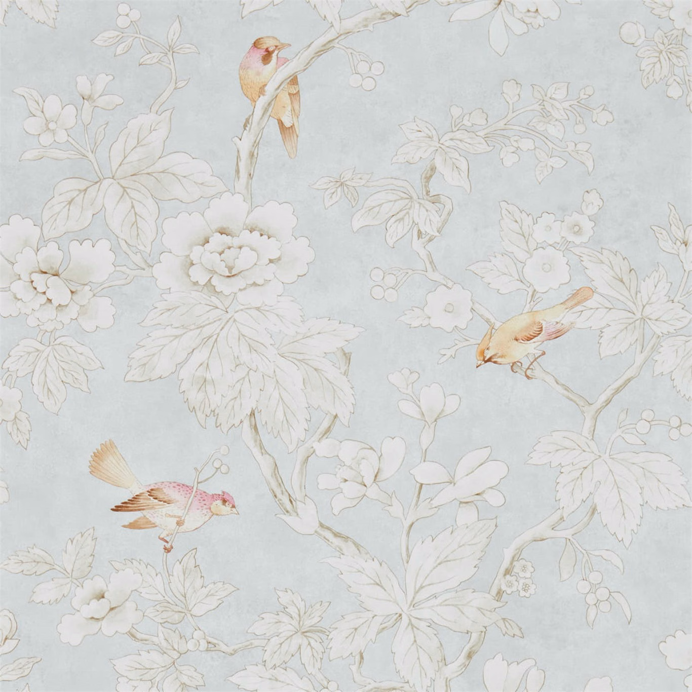 Pale blue-silver wallpaper with white flowers, leafy branches and pink-and-gold birds