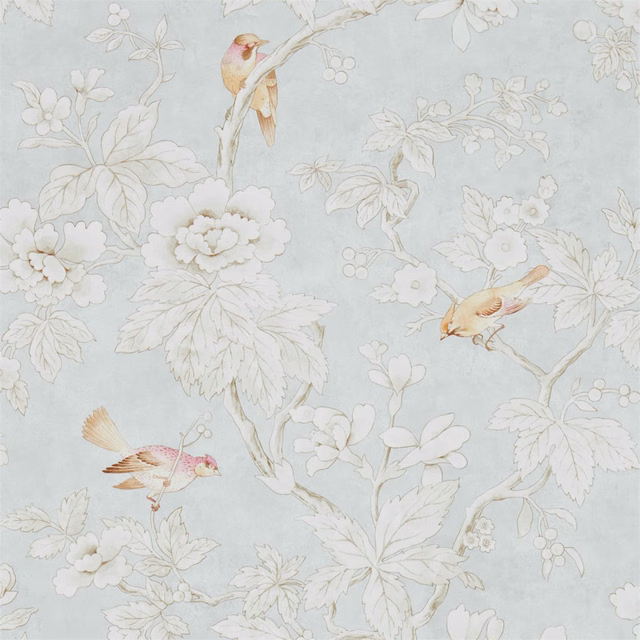 Pale blue-silver wallpaper with white flowers, leafy branches and pink-and-gold birds
