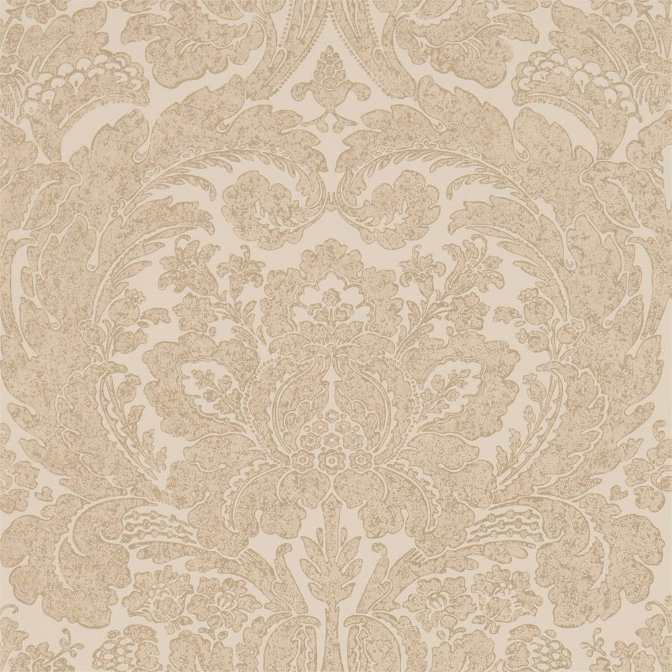 Warm cream wallpaper with pale gold symmetrical damask scrolls and floral medallion