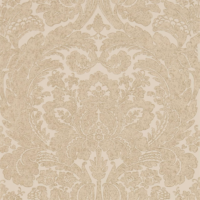 Warm cream wallpaper with pale gold symmetrical damask scrolls and floral medallion