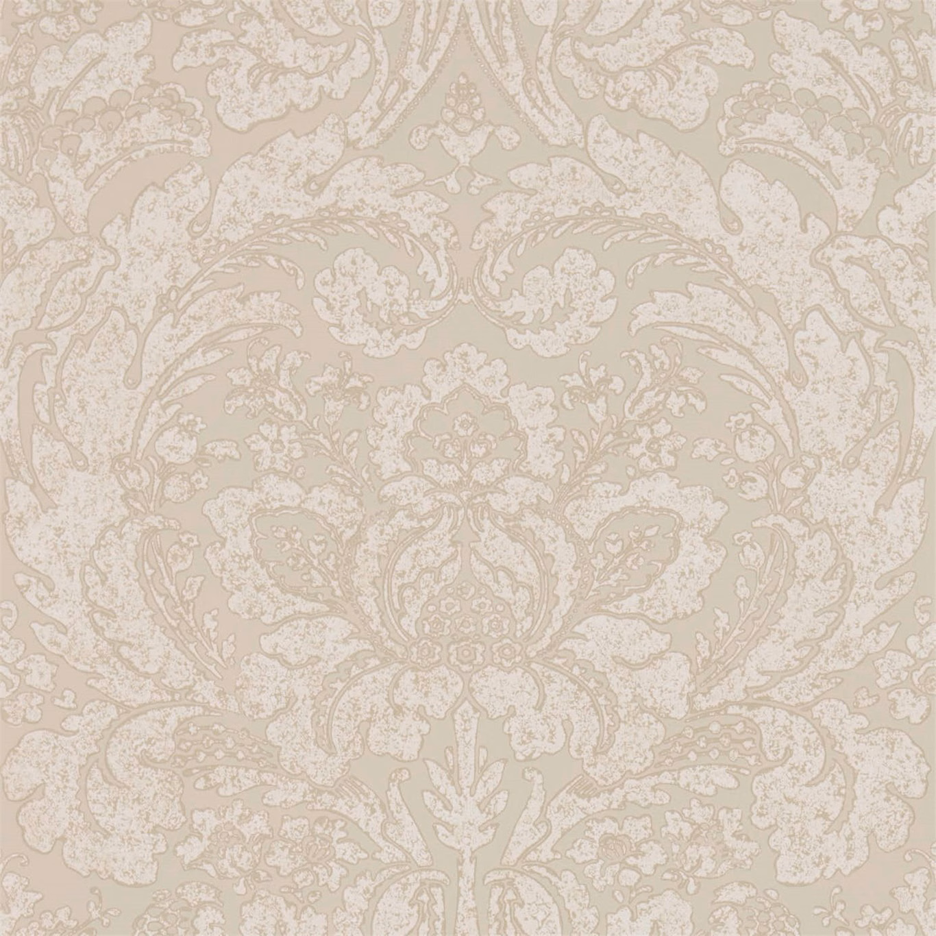 Pale stone taupe wallpaper with ornate ivory damask and softly mottled ground