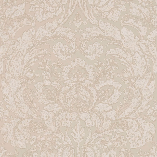 Pale stone taupe wallpaper with ornate ivory damask and softly mottled ground