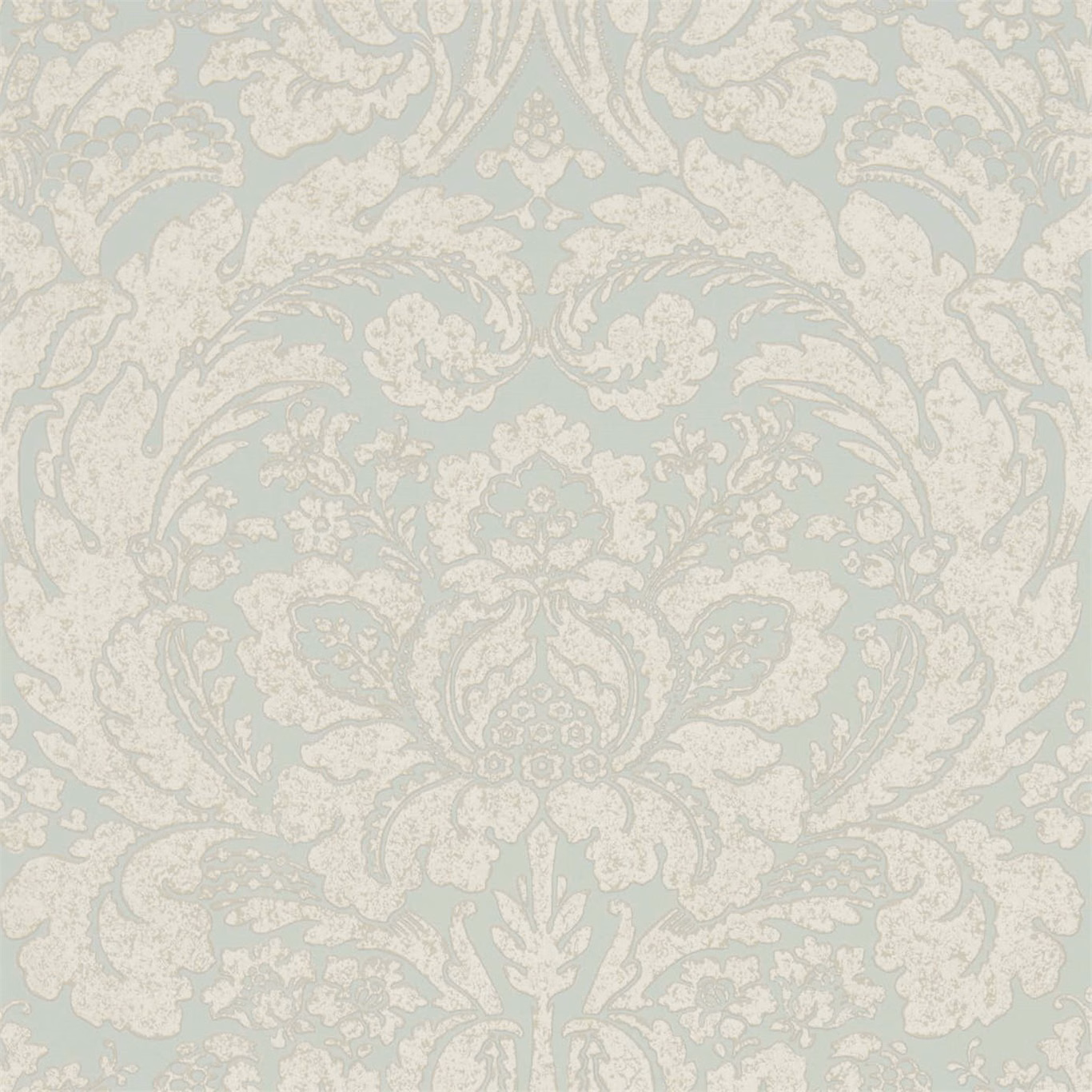 Pale Wedgwood blue wallpaper with an ornate ivory floral damask and scrolling foliage