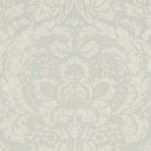 Pale Wedgwood blue wallpaper with an ornate ivory floral damask and scrolling foliage