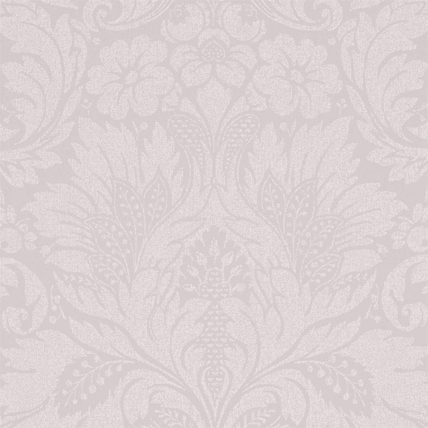 Soft dove-grey wallpaper with pale damask scrolls, leaves and paisley forms