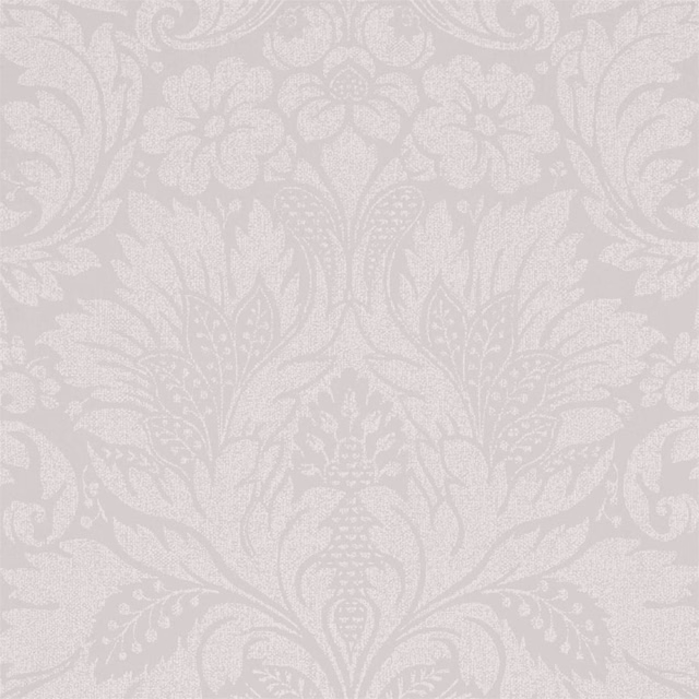 Soft dove-grey wallpaper with pale damask scrolls, leaves and paisley forms
