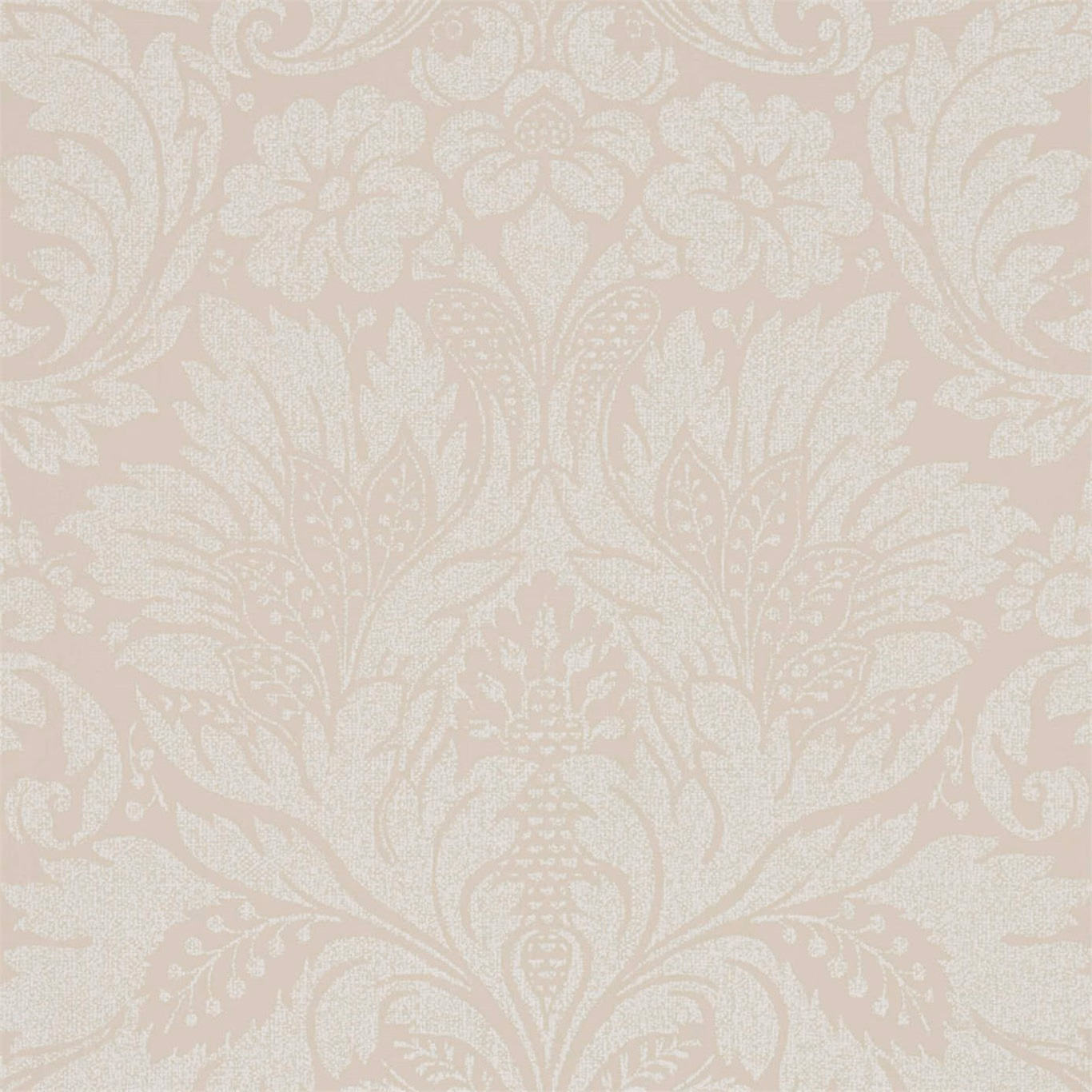 Pale blush-beige wallpaper with ivory scrolling damask leaves and floral sprays