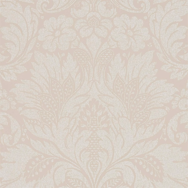 Pale blush-beige wallpaper with ivory scrolling damask leaves and floral sprays