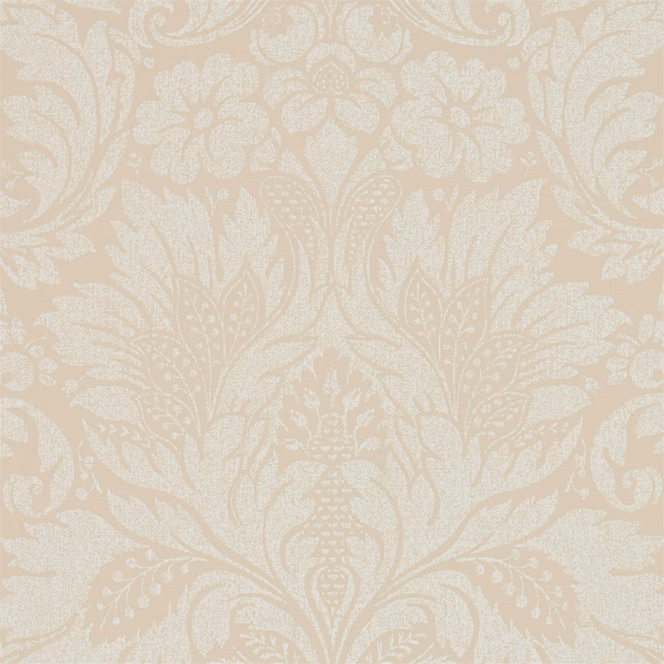 Parchment beige wallpaper with ivory damask blooms and scrolling foliage