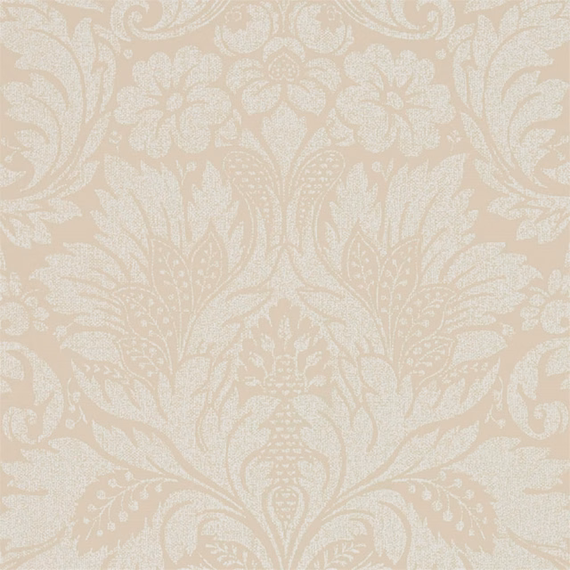 Parchment beige wallpaper with ivory damask blooms and scrolling foliage