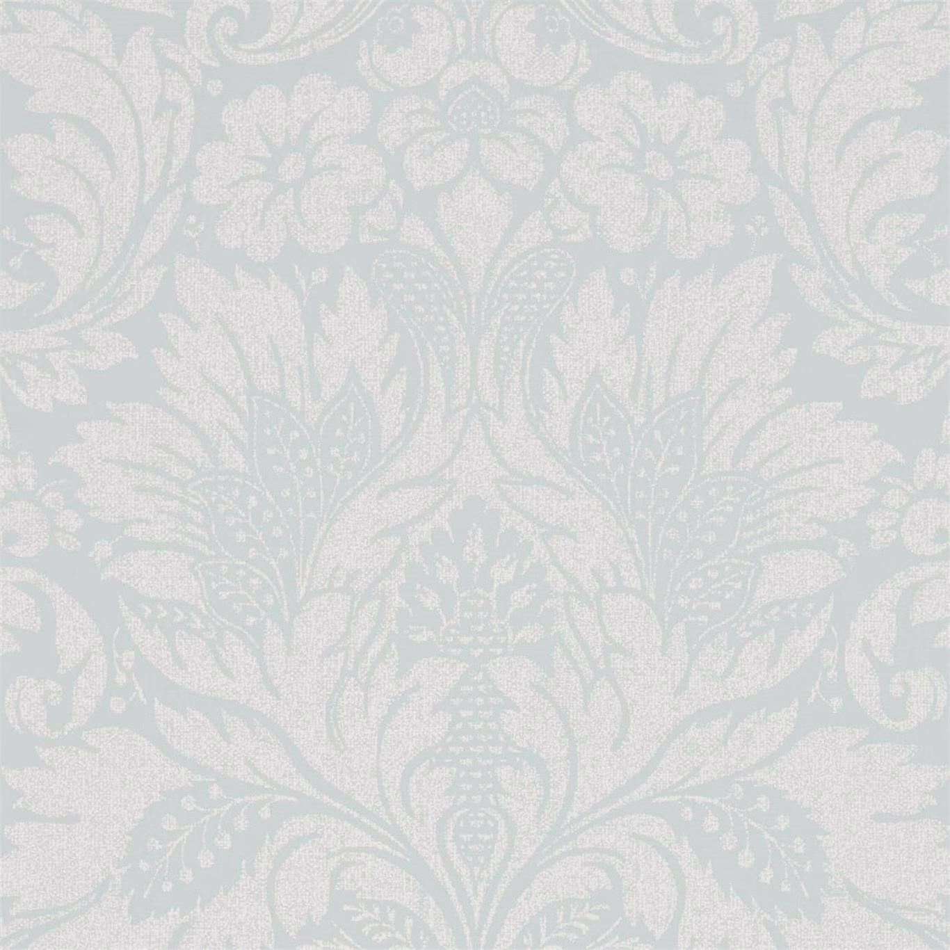 Pale Wedgwood blue wallpaper with ivory scrolling damask flowers and foliage
