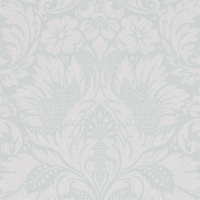 Pale Wedgwood blue wallpaper with ivory scrolling damask flowers and foliage