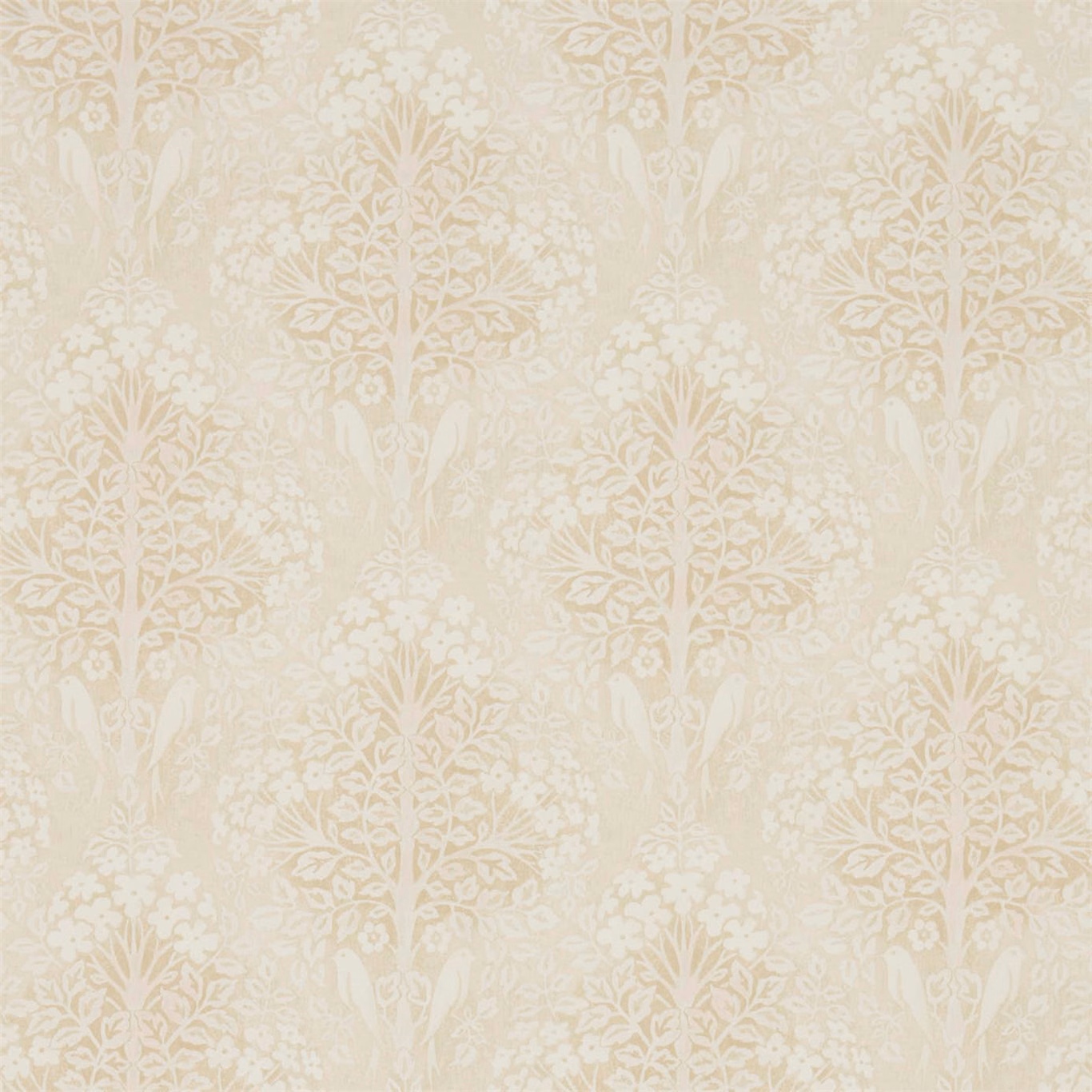 Warm cream wallpaper with ivory botanical damask columns and leafy sprays