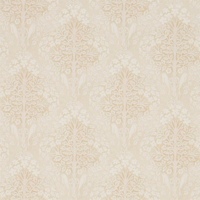 Warm cream wallpaper with ivory botanical damask columns and leafy sprays