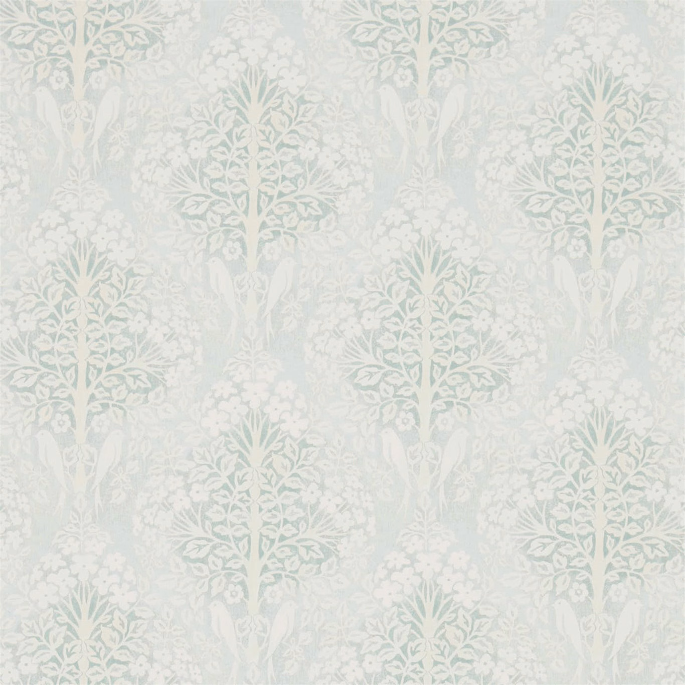 Pale Wedgwood blue-grey wallpaper with vertical leafy sprays and soft floral silhouettes