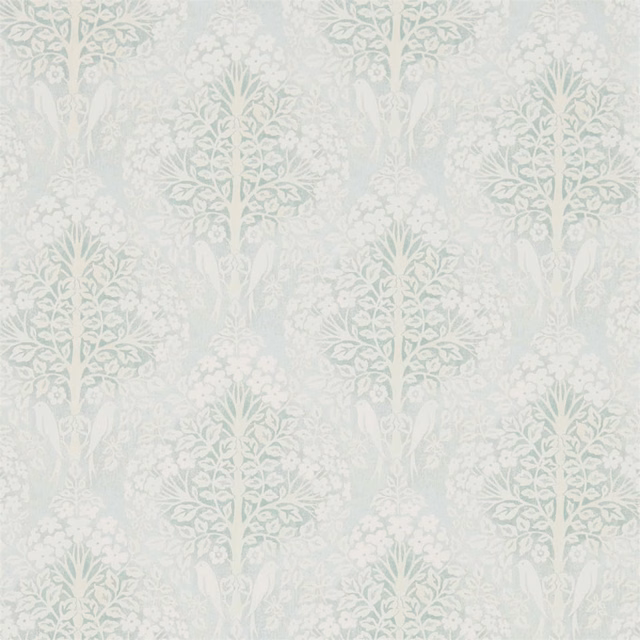 Pale Wedgwood blue-grey wallpaper with vertical leafy sprays and soft floral silhouettes