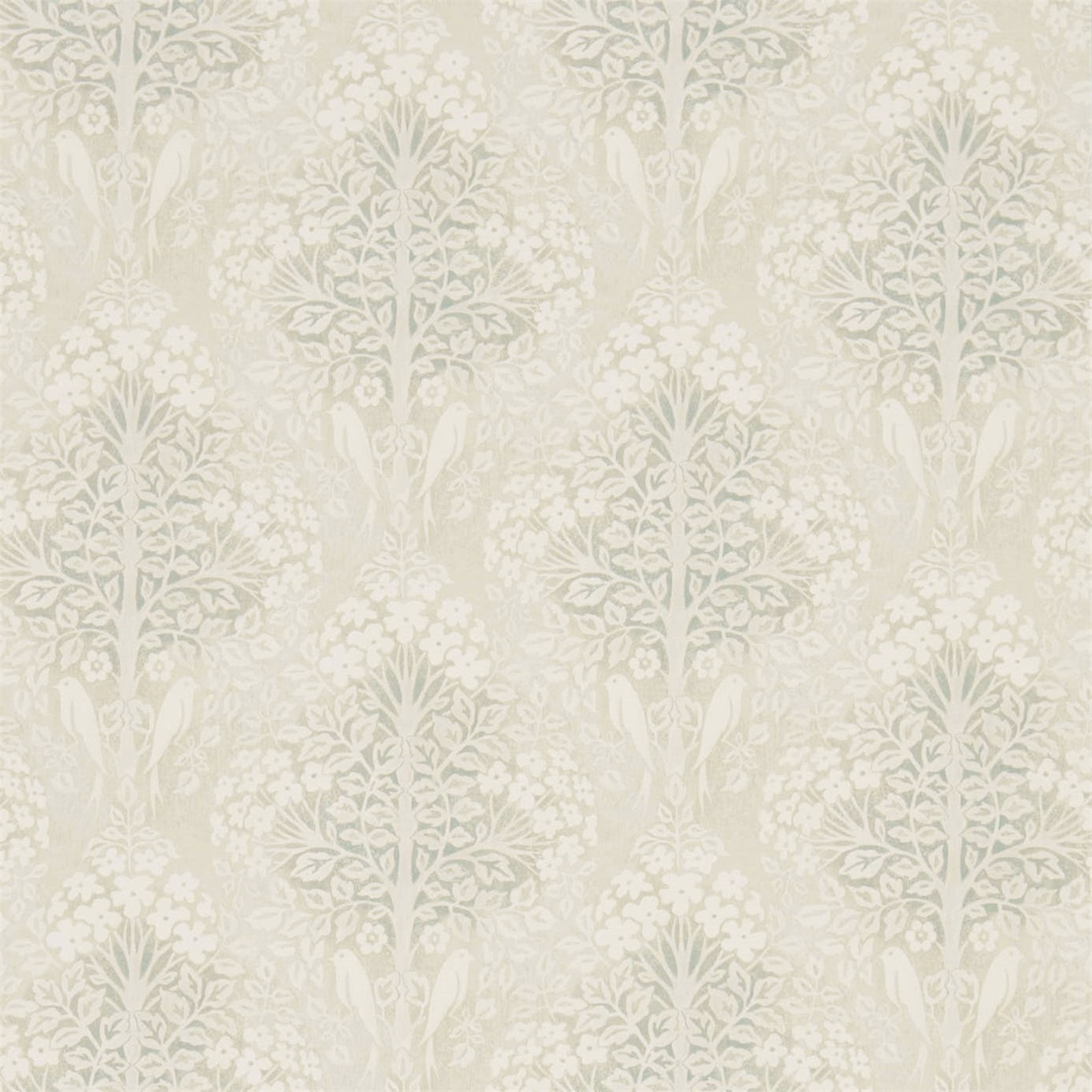 Pale willow-green wallpaper with cream floral foliage and repeating vertical botanical motifs