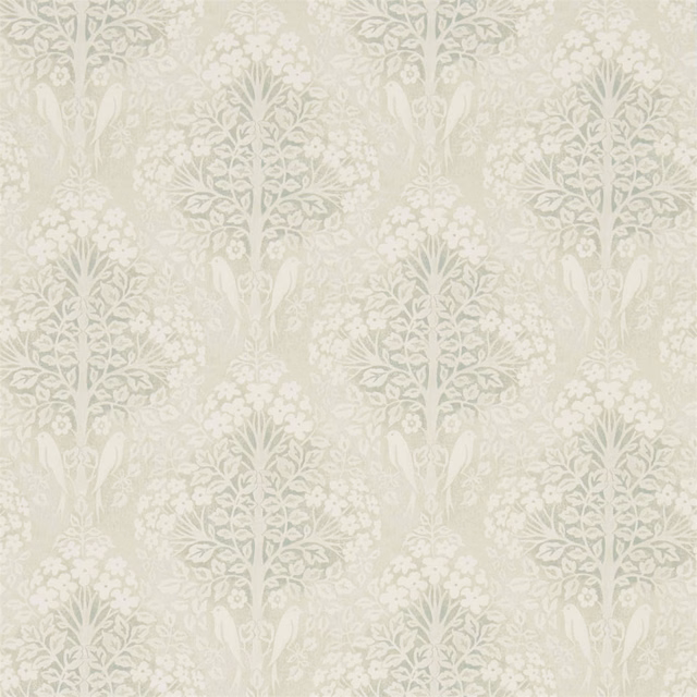 Pale willow-green wallpaper with cream floral foliage and repeating vertical botanical motifs