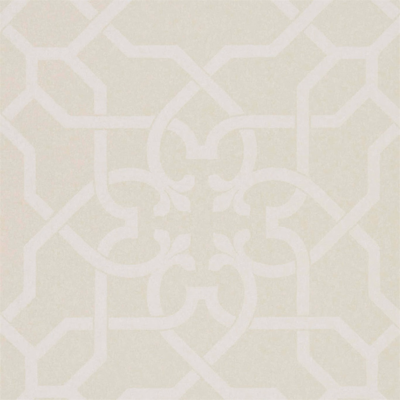 Pale chalk ivory wallpaper with tonal geometric trellis and scrolling central motif