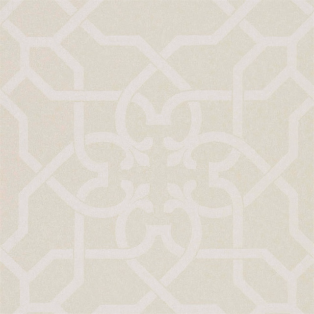 Pale chalk ivory wallpaper with tonal geometric trellis and scrolling central motif
