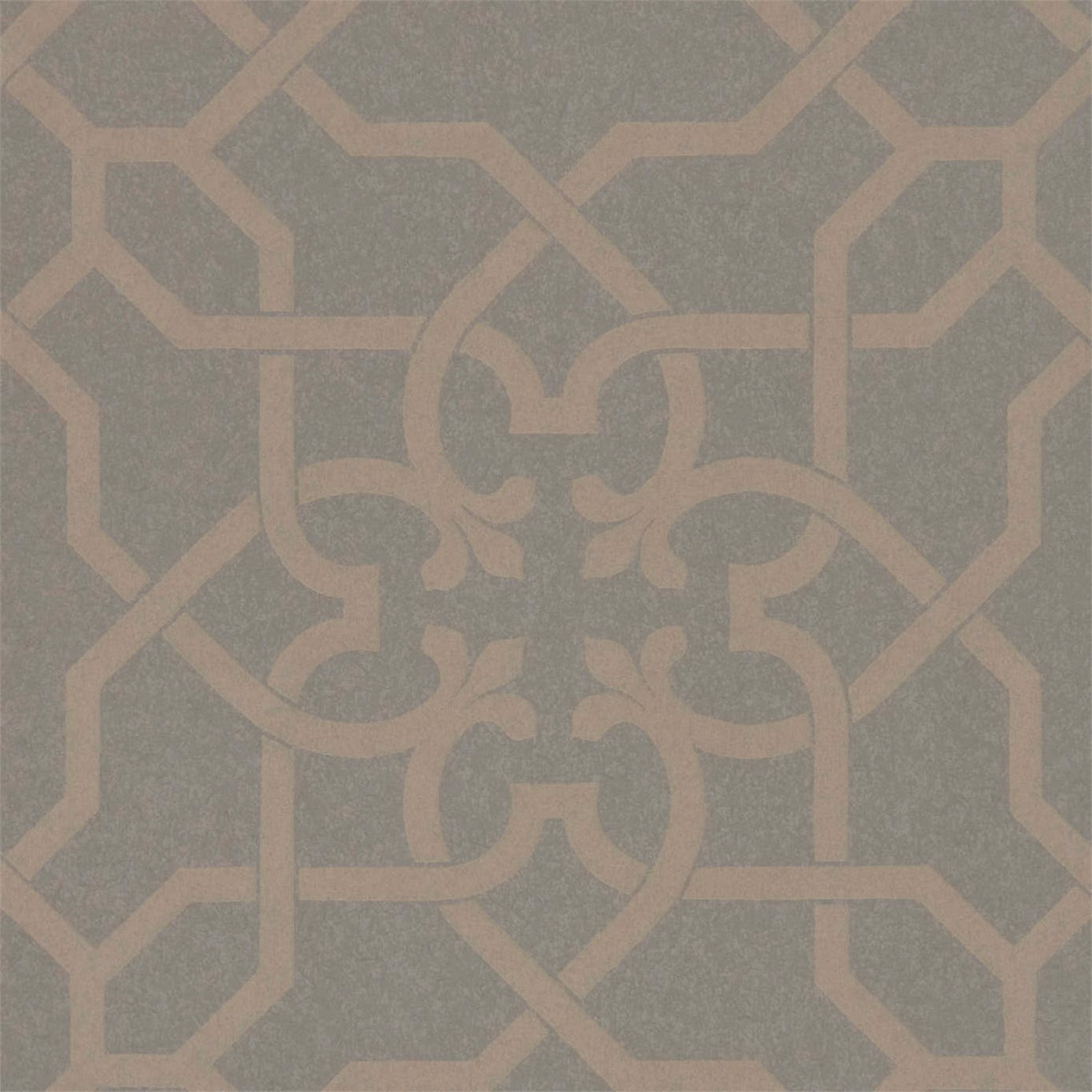 Muted charcoal wallpaper with silvery taupe geometric lattice and central scroll motif